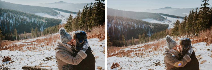 winter mountain sun couple kiss
